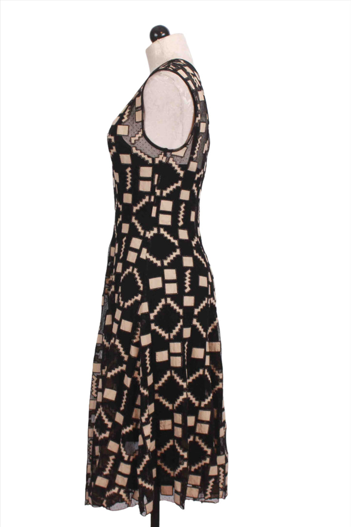 side view of Black and Ivory Savi Appliqued Mazzy Panelled Tank Dress with a slip by Johnny Was