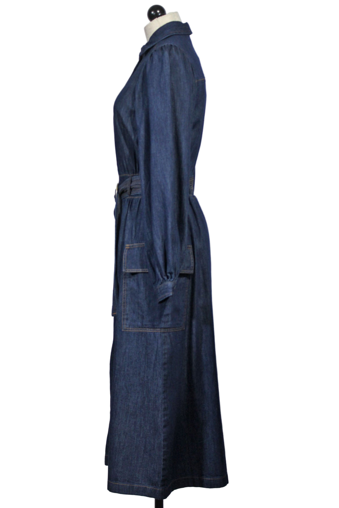 side view of Blue Denim Melvina Belted Denim Dress by Emily Lovelock