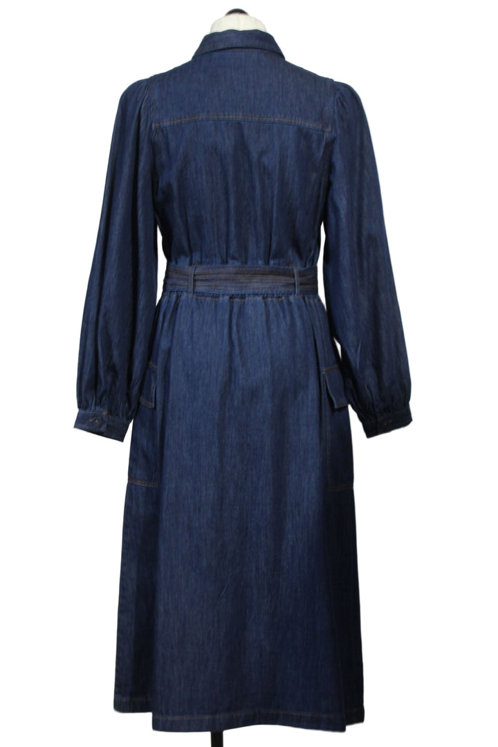 back view of Blue Denim Melvina Belted Denim Dress by Emily Lovelock