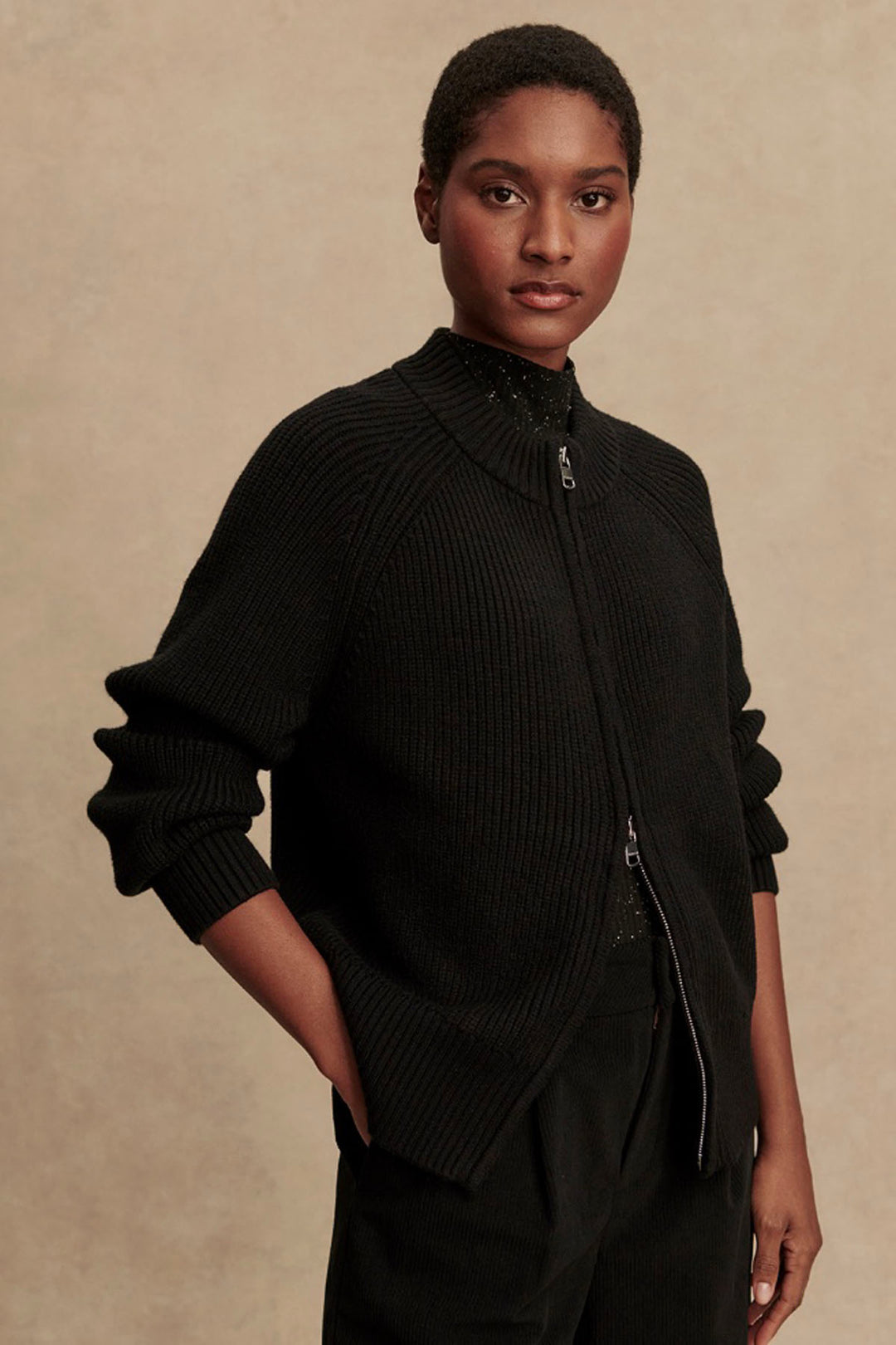 The Black Milo Zip Through Knit Jacket by Varley