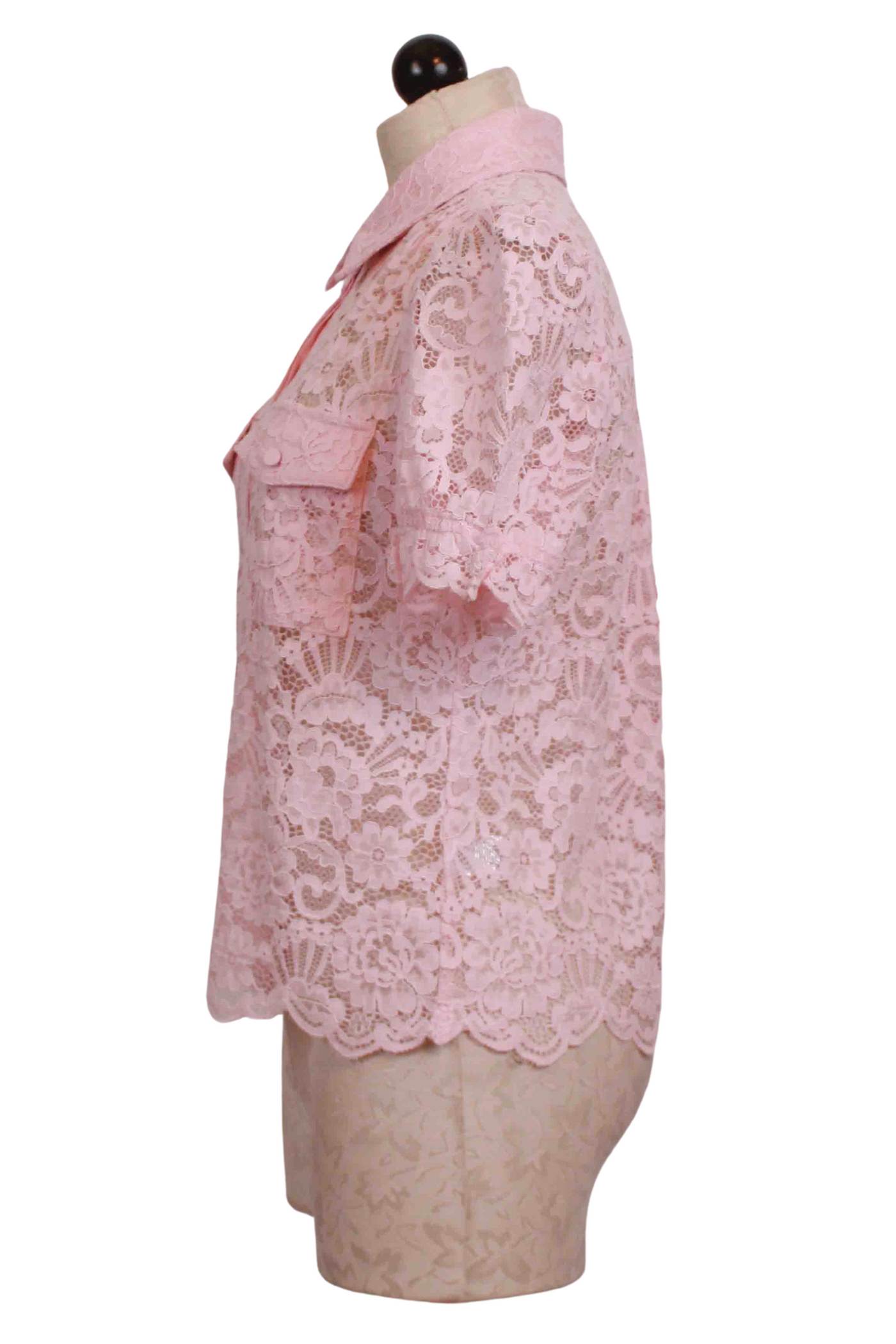 side view of Ballet Slipper pink short sleeve Mina Lace Shirt by Generation Love