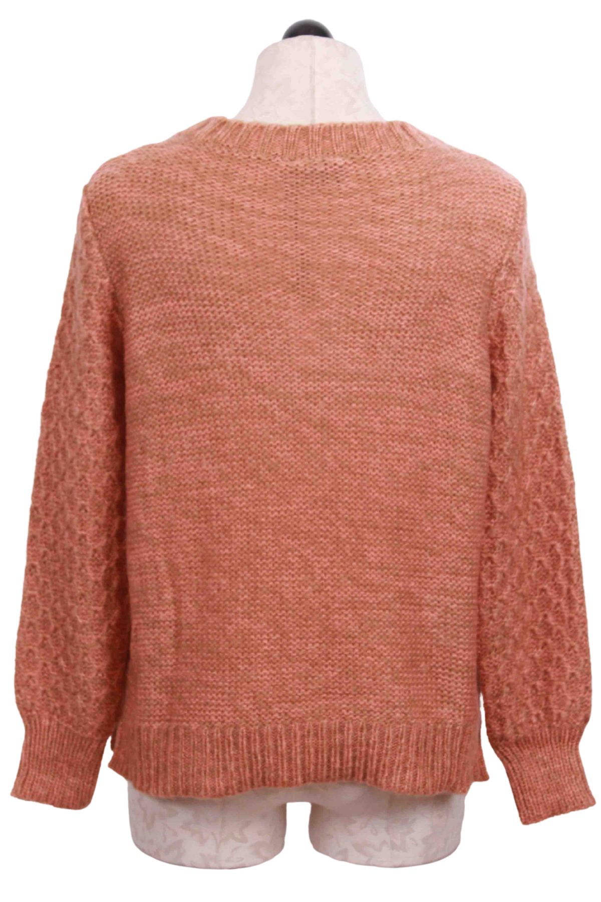back view of Carrot Marl colored Mitch Cable Crewneck Sweater by Wooden Ships