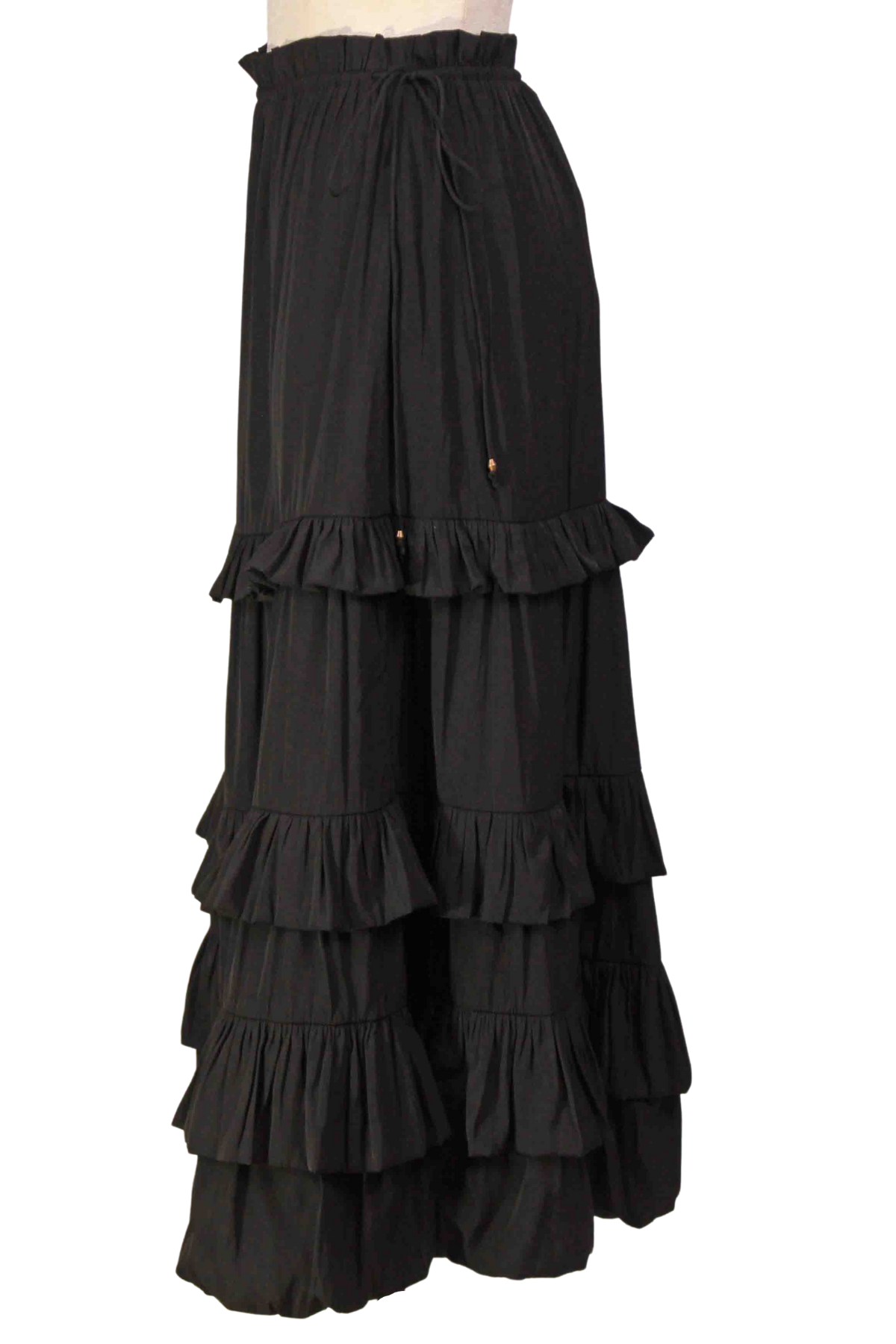 side view of Black Moira Ruffled Midi Length Skirt by Marie Oliver