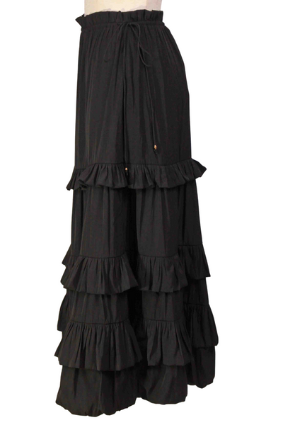 side view of Black Moira Ruffled Midi Length Skirt by Marie Oliver