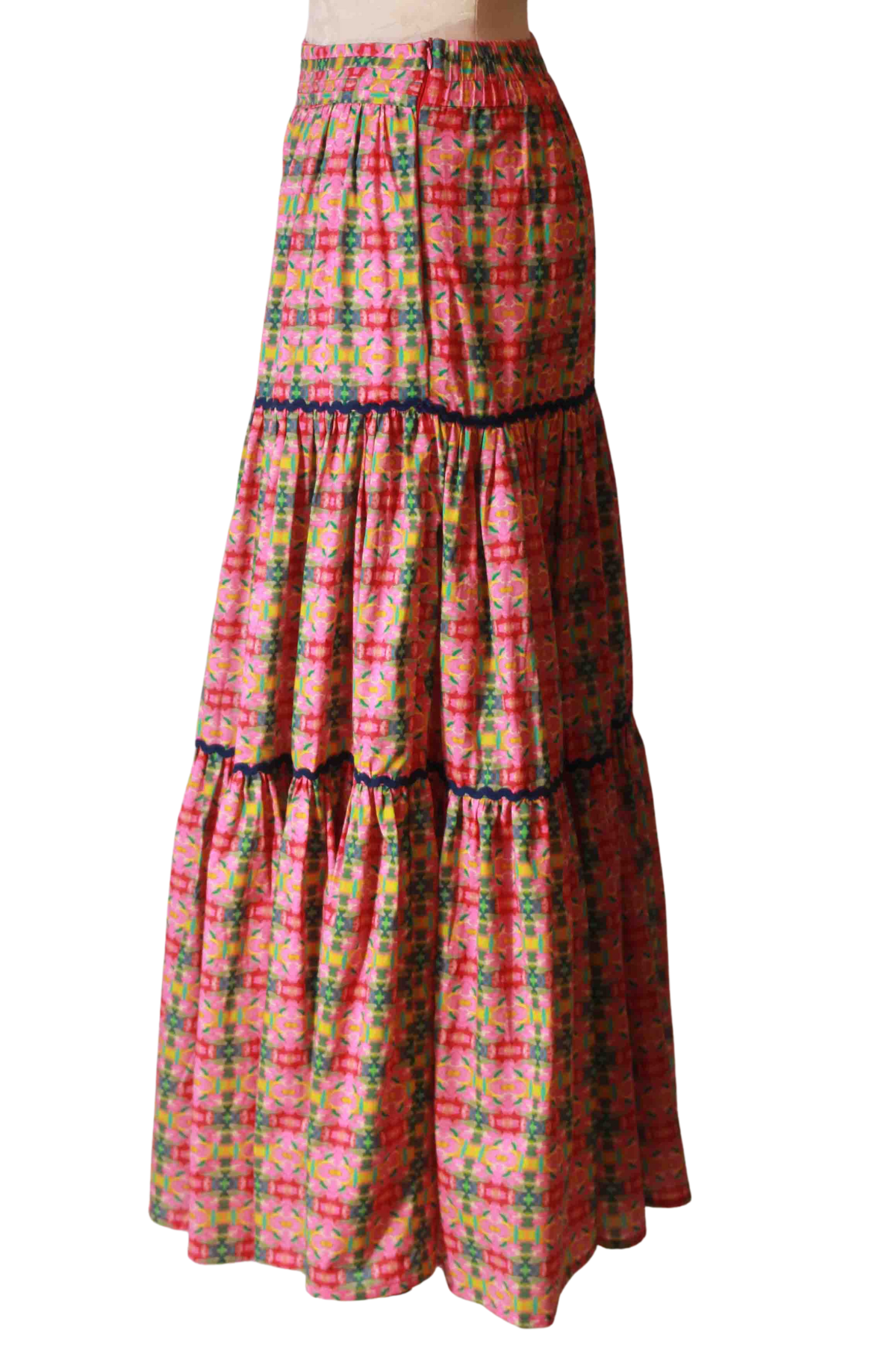 side view of  Moroccan Pink Three Tiered Maxi Skirt by Laura Park Designs