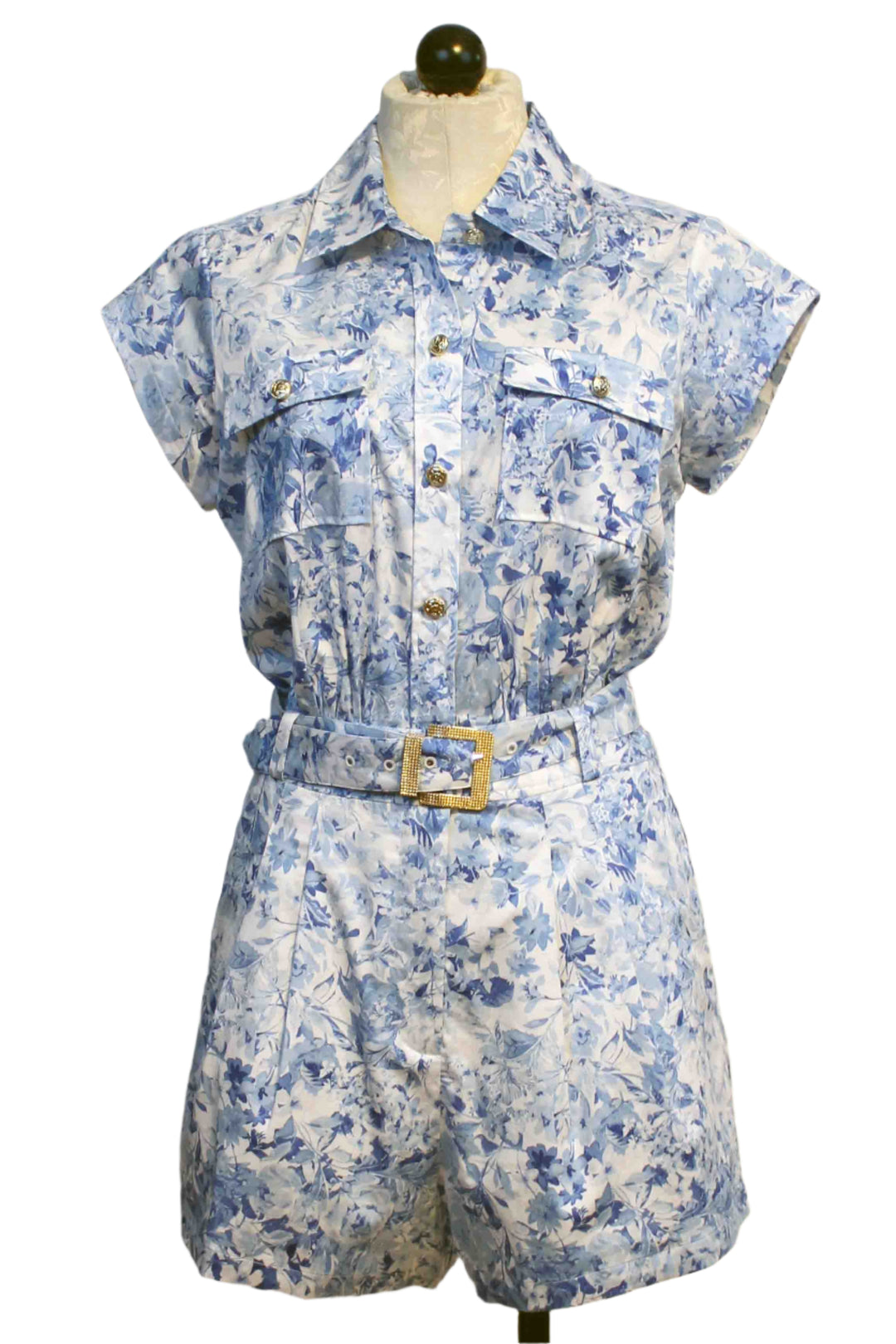 Blue and White Zesty Floral Morgan Floral Poplin Romper by Generation Love