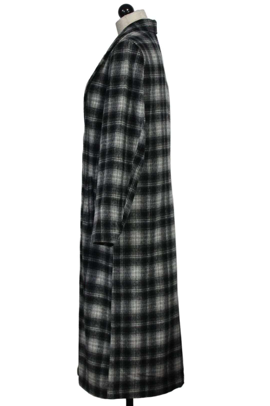 side view of The Myrtle Single Button Plaid Coat by Velvet Heart in Black and Grey