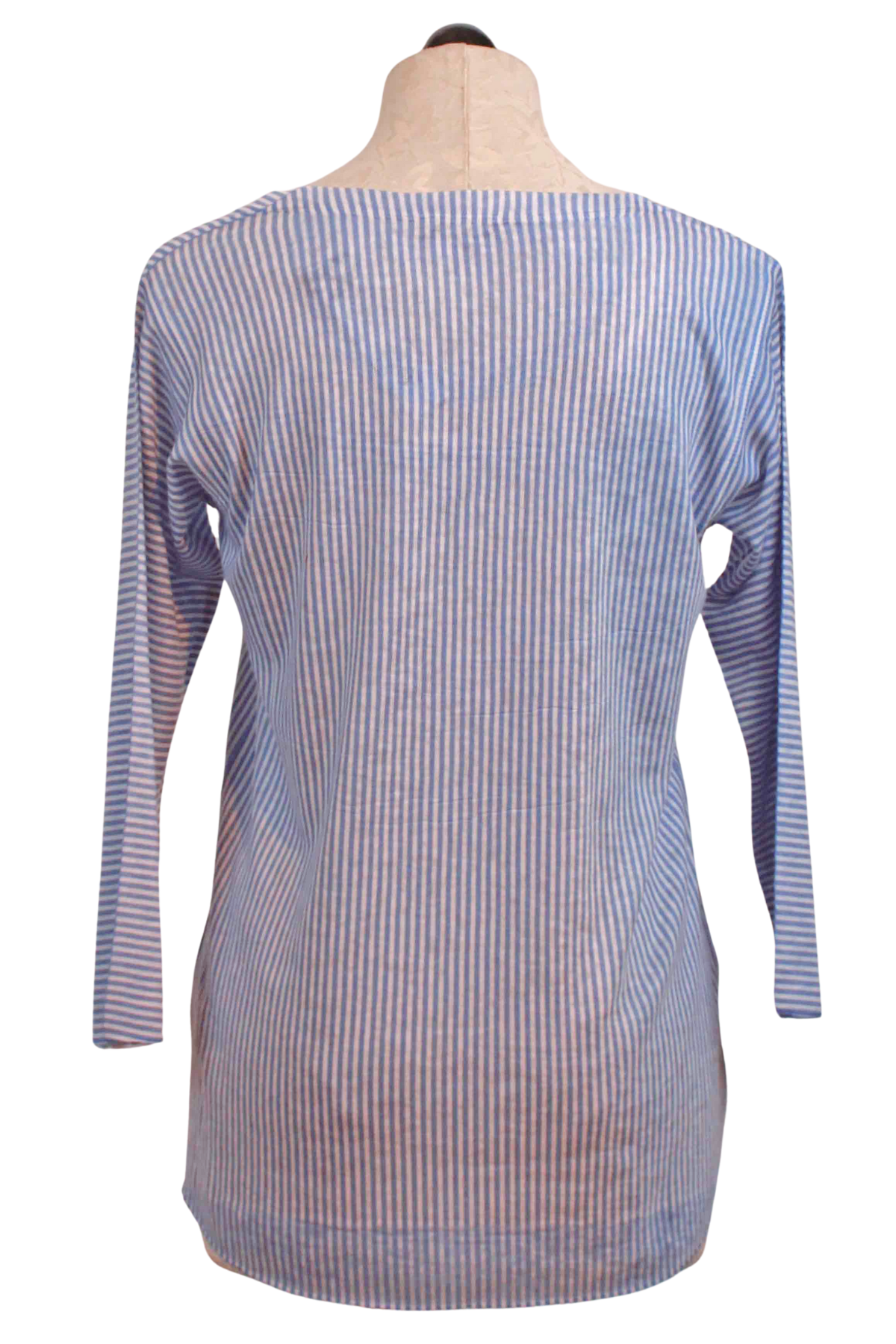 back view of Blue and White Striped Scooped Neck 3/4 Sleeve Top by Nally and Millie