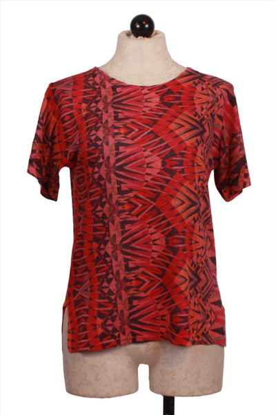 red multi Short Sleeve High Low Mosaic Print Top by Nally and Millie