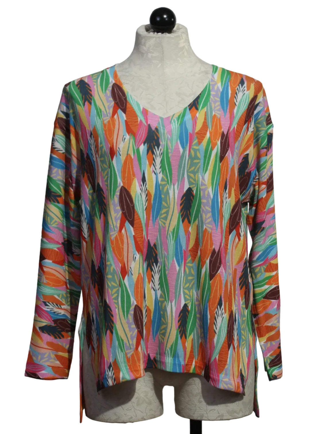 Multicolored Leaf Print Long Sleeve V Neck Top by Nally And Millie
