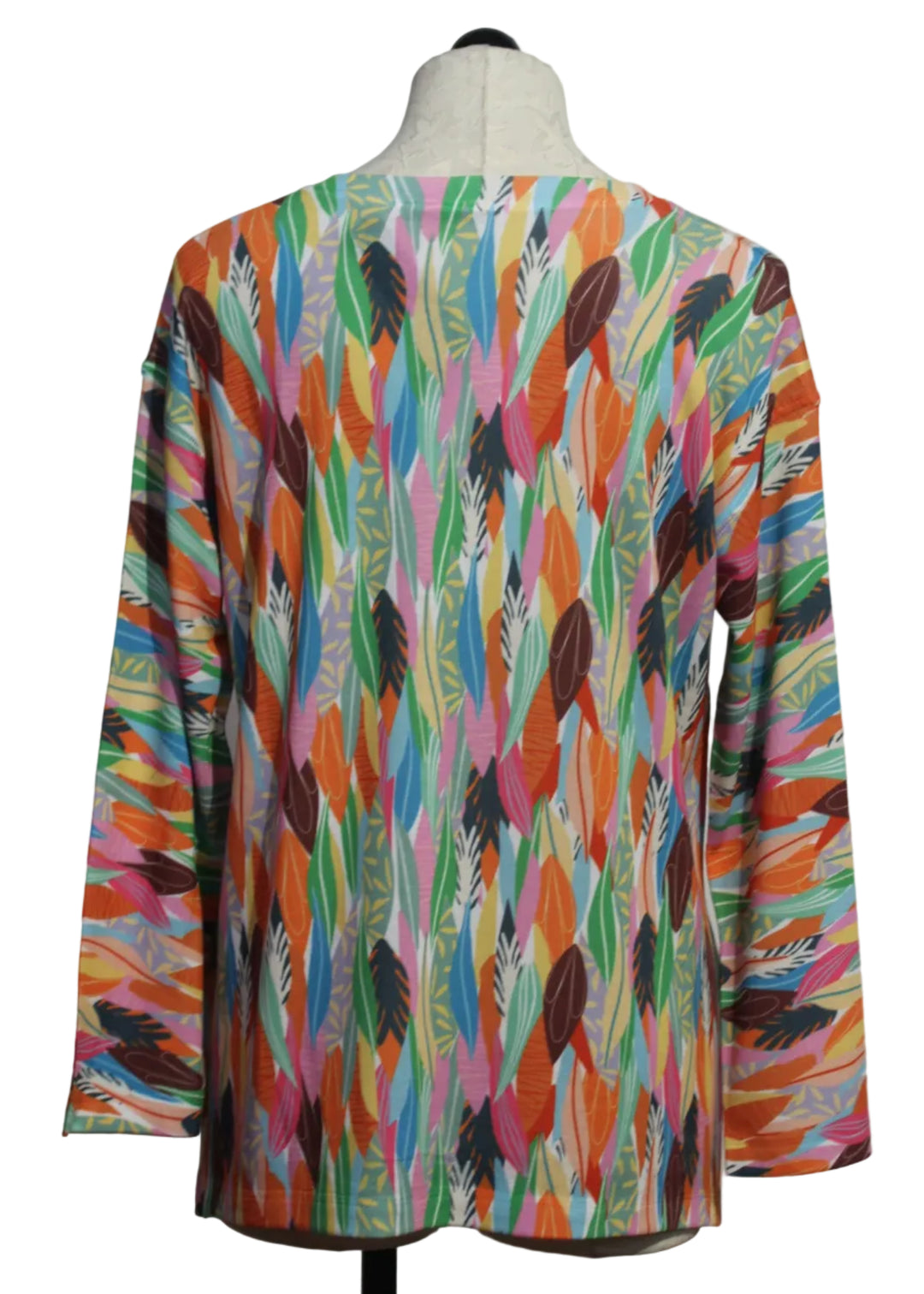 back view of Multicolored Long Sleeve Leaf Print V Neck Top by Nally and Millie