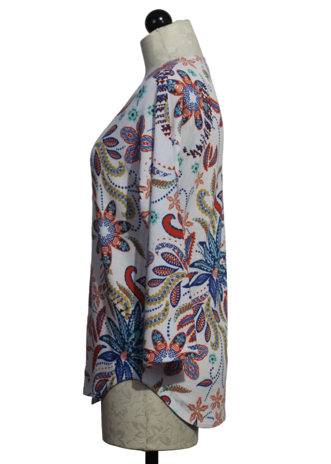 Side view of 3/4 Sleeve Multicolored Floral top by Nally and Millie