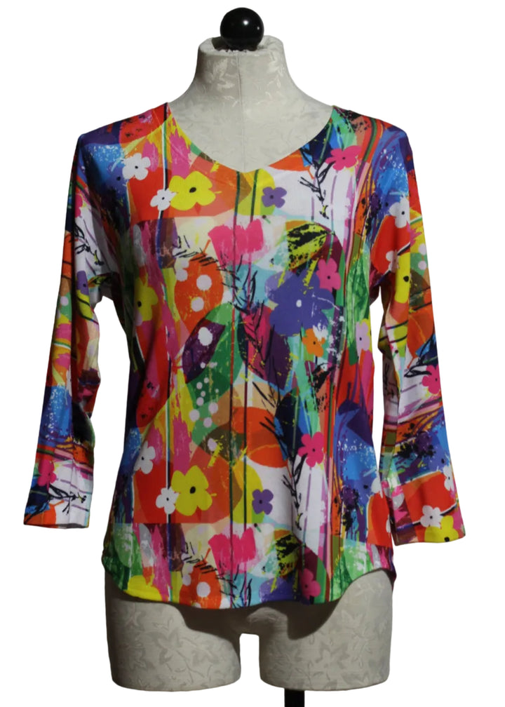 3/4 Sleeve Multicolored Leafy Floral Stripe V Neck top by Nally and Millie