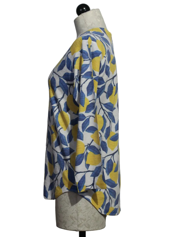 Side view of Lemon Print crew neck 3/4 Sleeve top by Nally and Millie