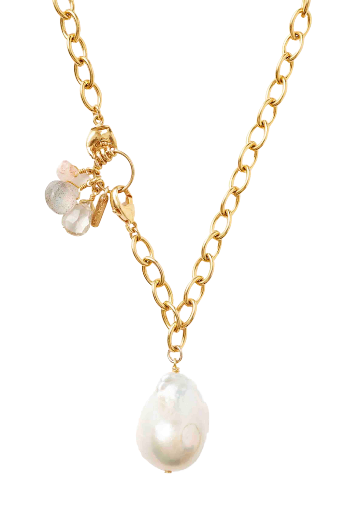 Gold Chain Necklace by Chan Luu with a Freshwater Pearl Drop and a Hand Ring Clasp with 3 different colored Lemon Topaz Drops
