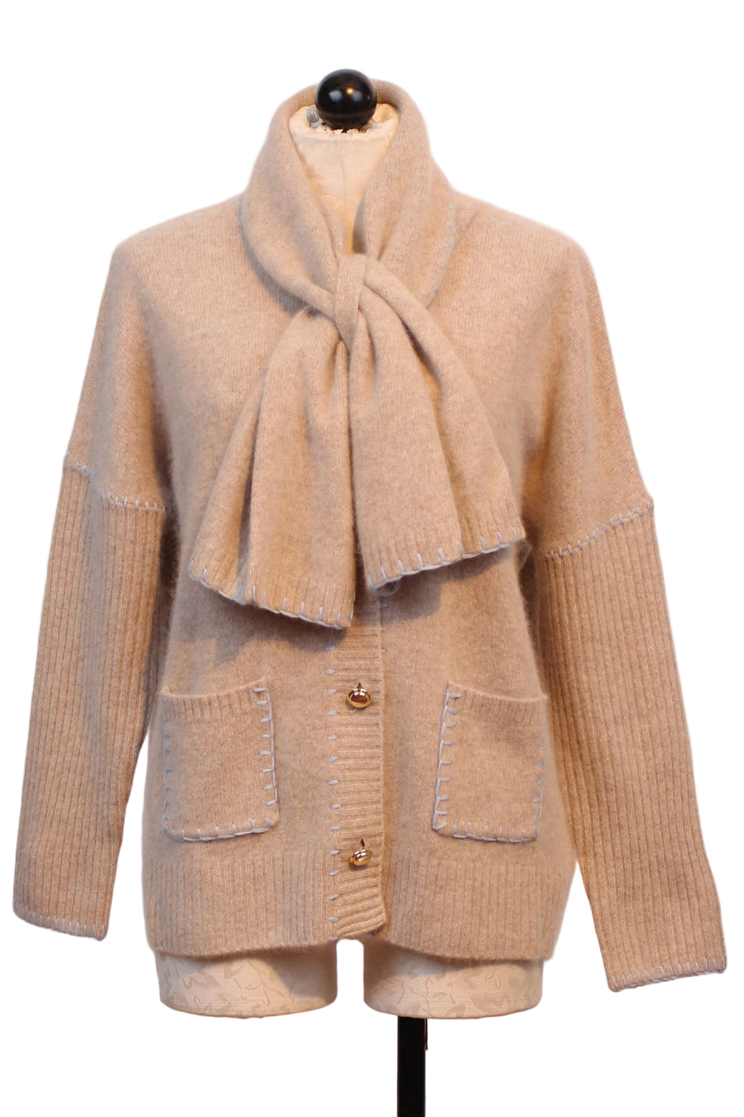 Taupe colored Wrap Neck Blue Whipstitch Oversized Cardigan by Leo and Ugo