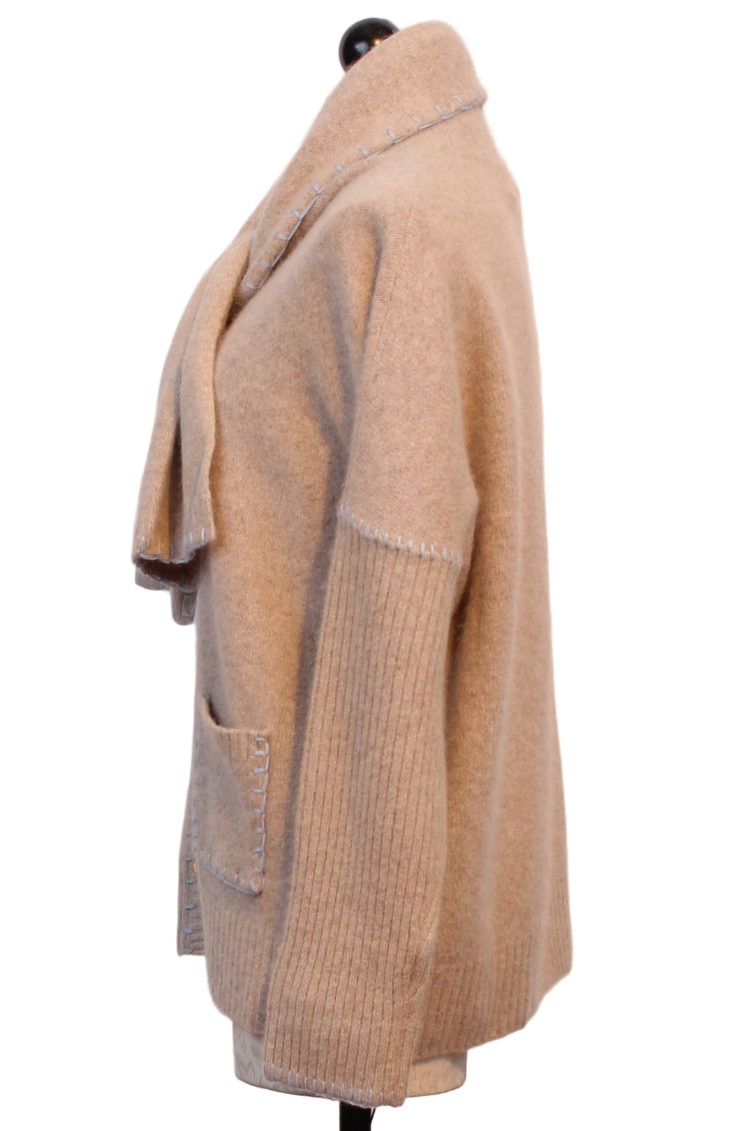 side view of Taupe colored Wrap Neck Blue Whipstitch Oversized Cardigan by Leo and Ugo