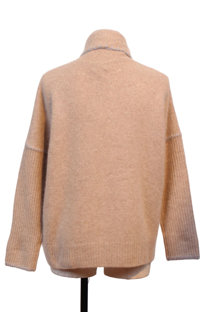 back view of Taupe colored Wrap Neck Blue Whipstitch Oversized Cardigan by Leo and Ugo