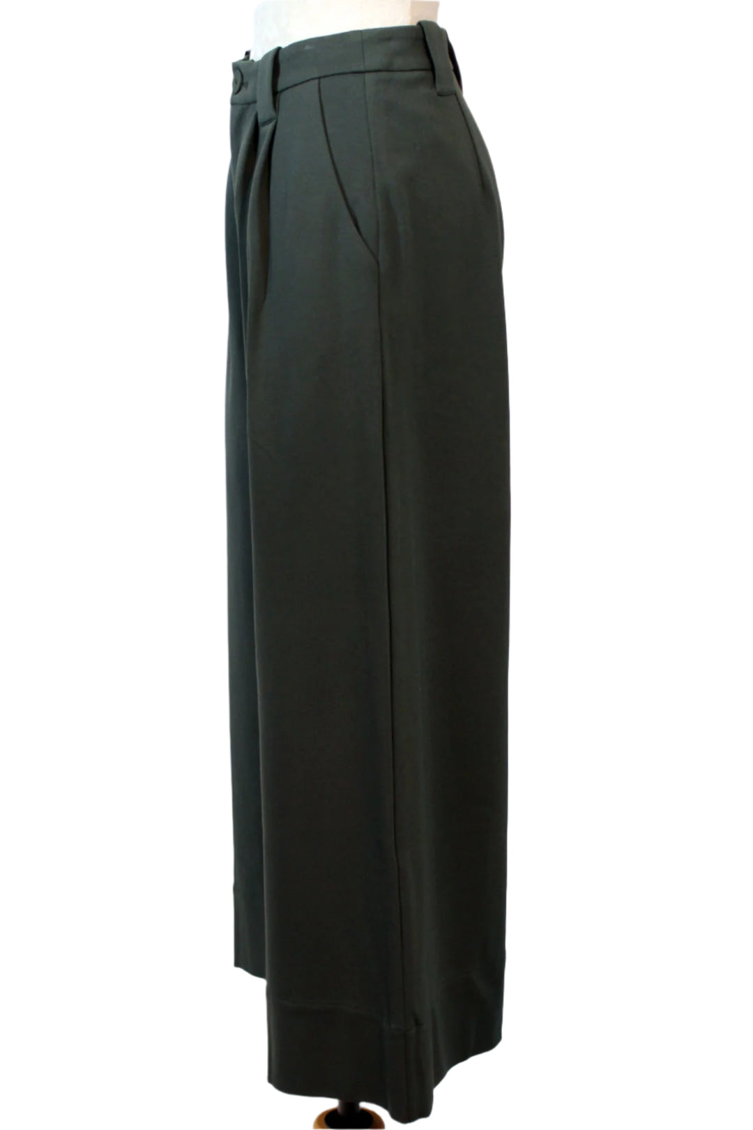side view of Dark Green Ankle-length Palazzo Nia Trouser by SKFK