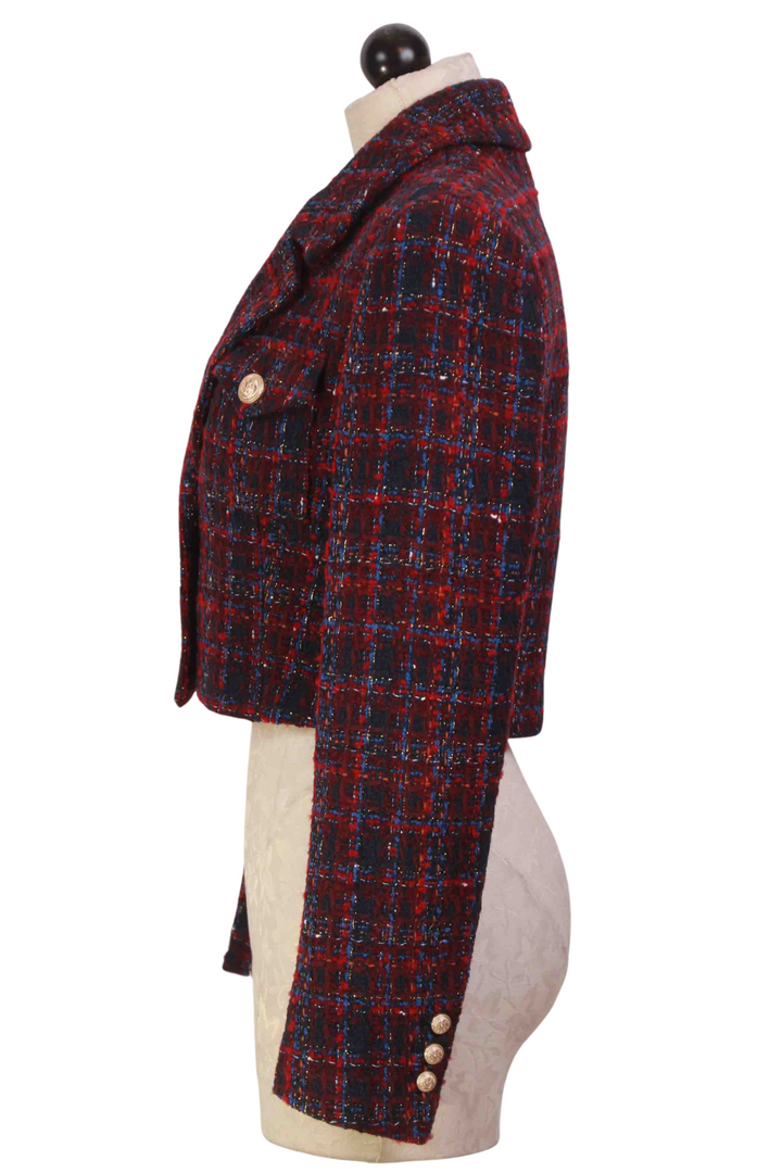 side view of  Navy/Merlot Norah Tweed Blazer by Generation Love