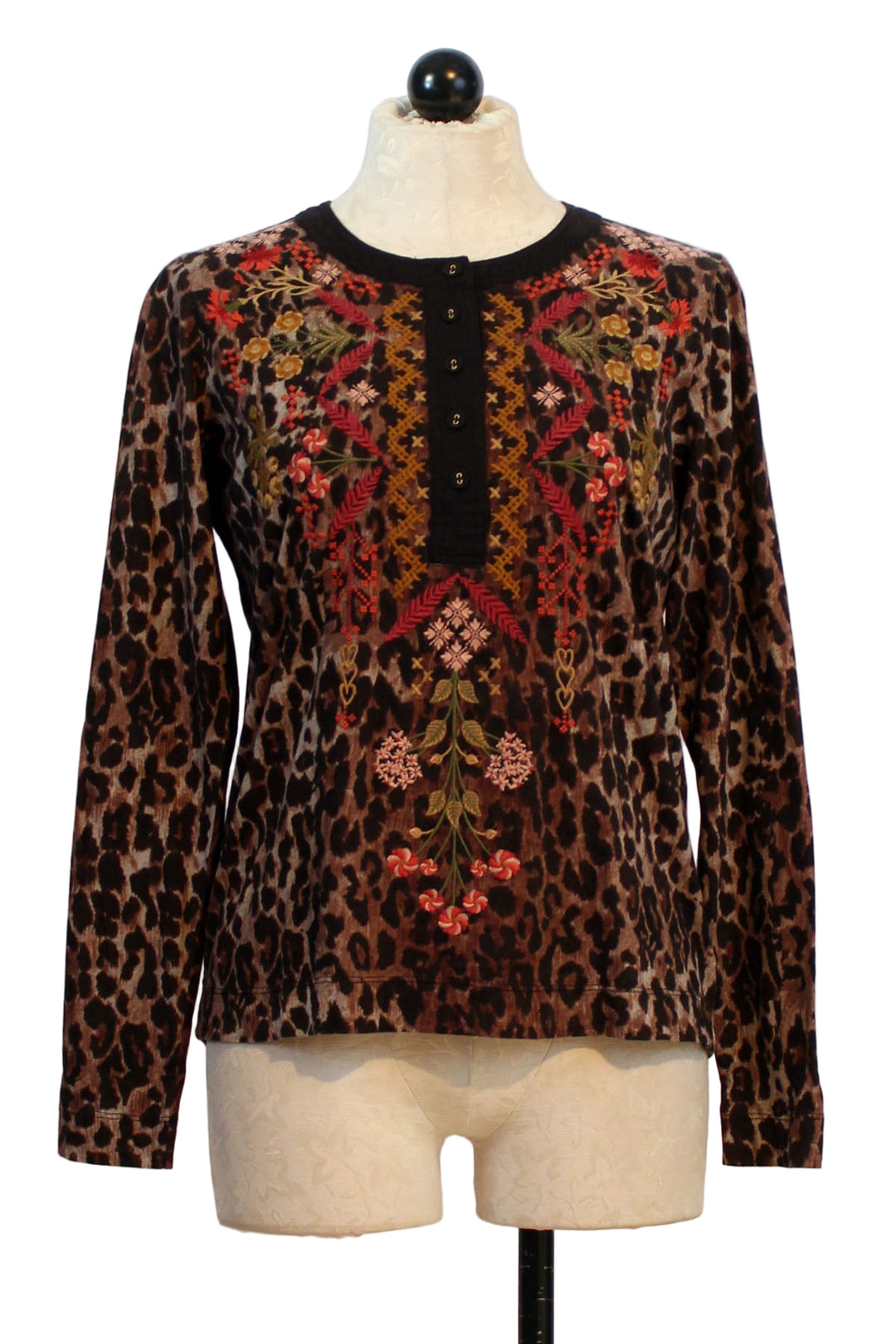 Leopard Mixed Media Henley T Shirt by Johnny Was