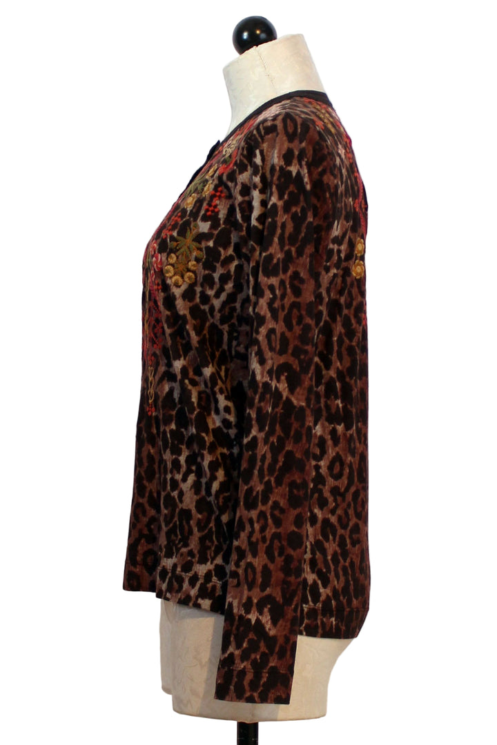 side view of Leopard Mixed Media Henley T Shirt by Johnny Was