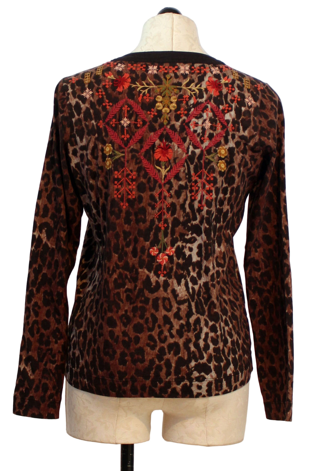 back view of Leopard Mixed Media Henley T Shirt by Johnny Was