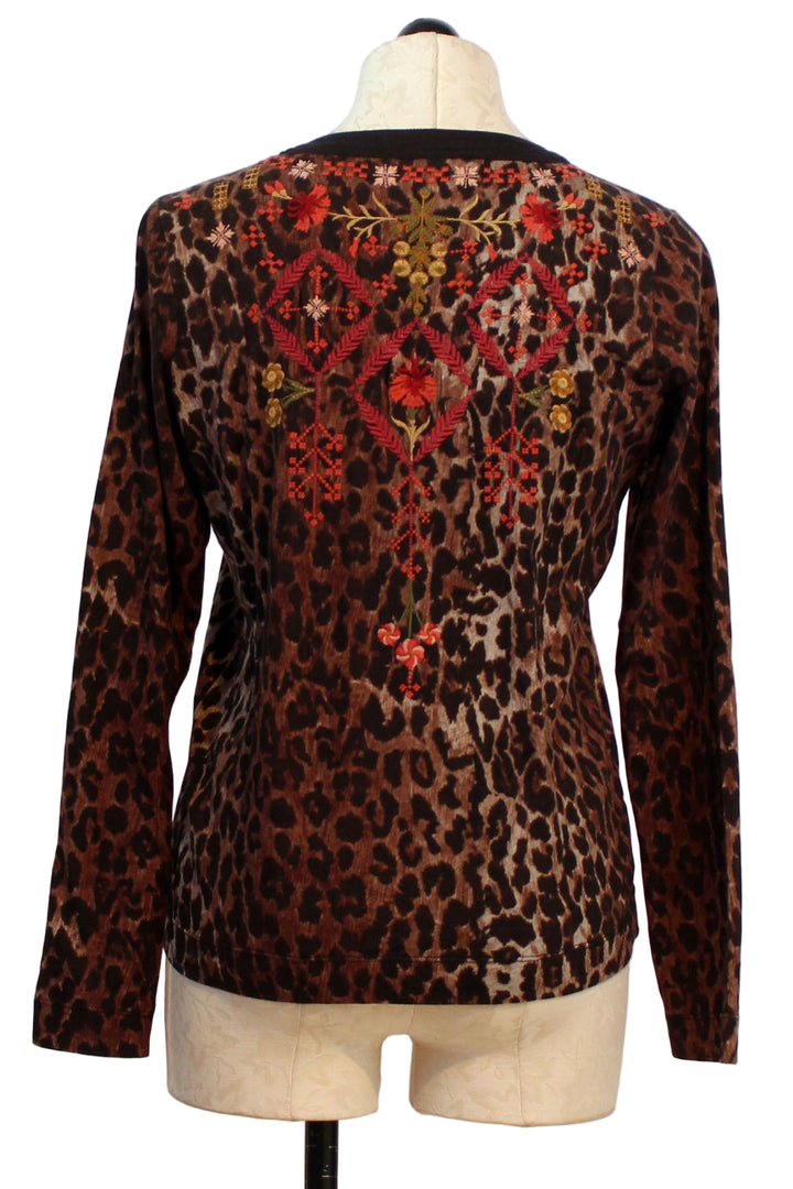 back view of Leopard Mixed Media Henley T Shirt by Johnny Was