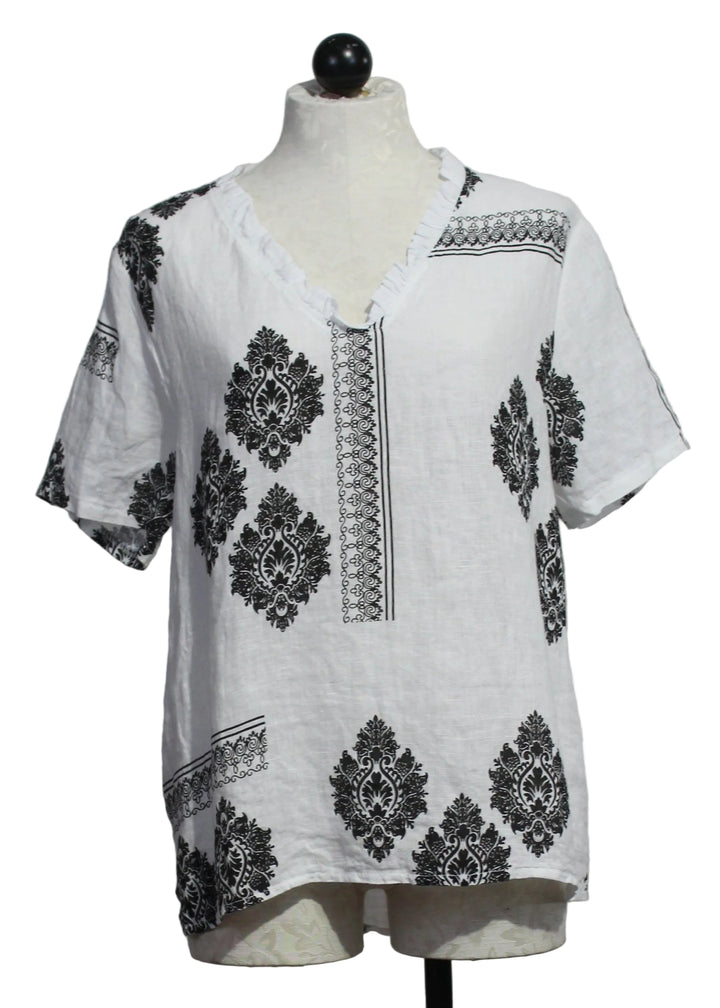 Linen Black and White Paisley V-Neck Short Sleeve Top by Amorosa 