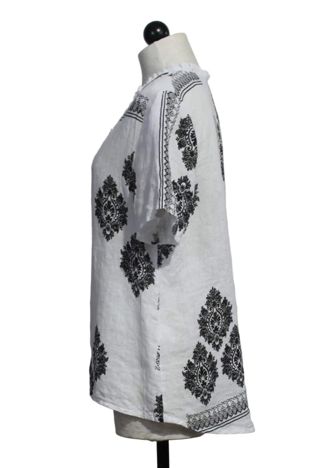 side view of Linen Black and White Paisley V-Neck Short Sleeve Top by Amorosa 