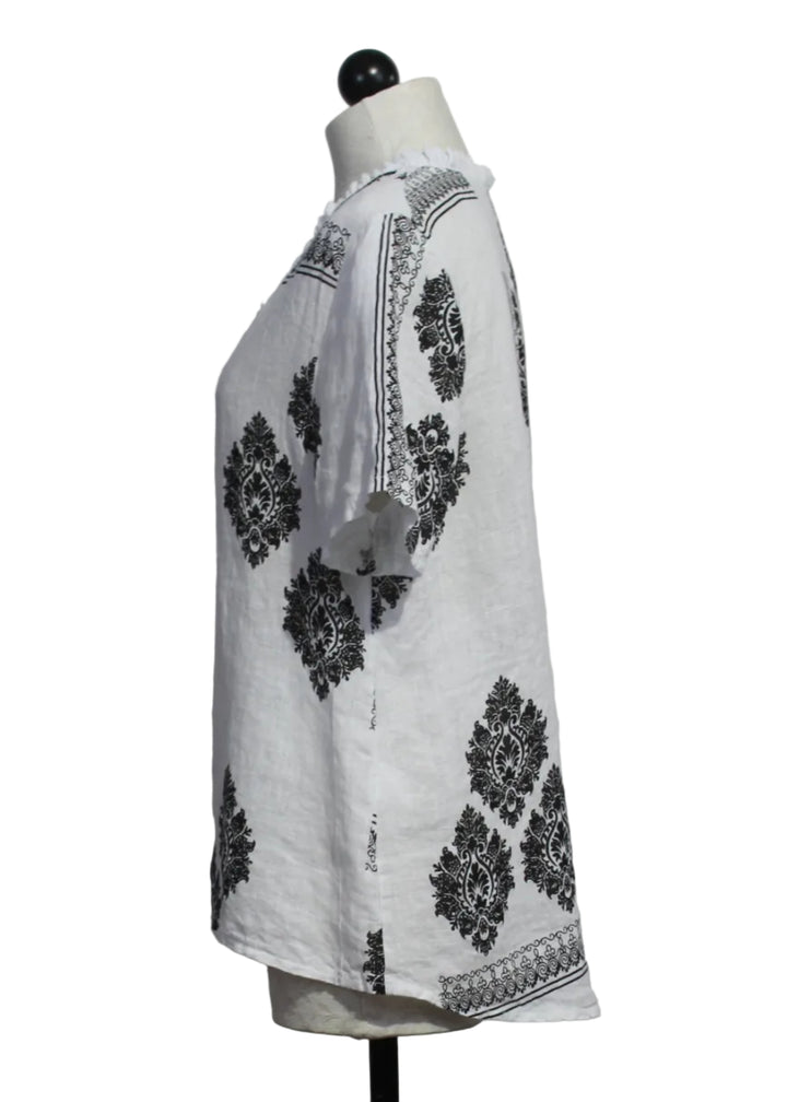 side view of Linen Black and White Paisley V-Neck Short Sleeve Top by Amorosa 