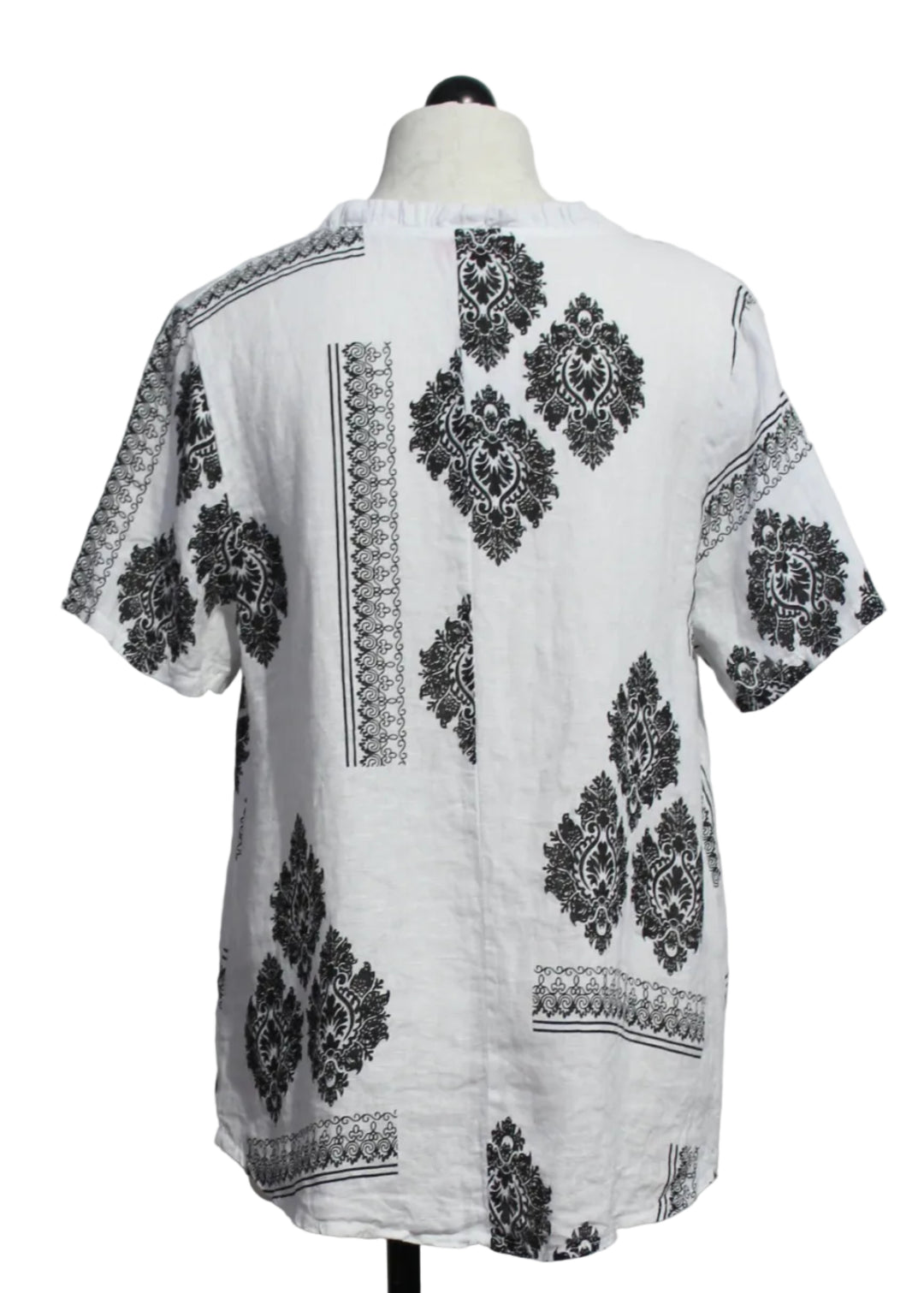back view of Linen Black and White Paisley V-Neck Short Sleeve Top by Amorosa 