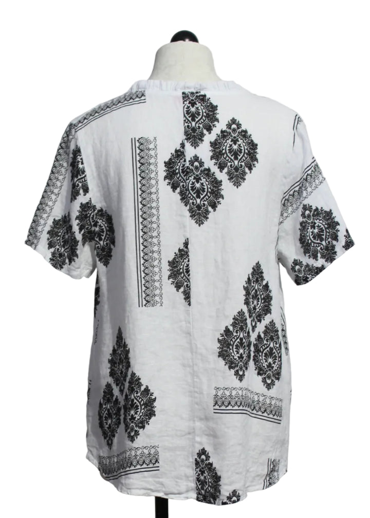back view of Linen Black and White Paisley V-Neck Short Sleeve Top by Amorosa 