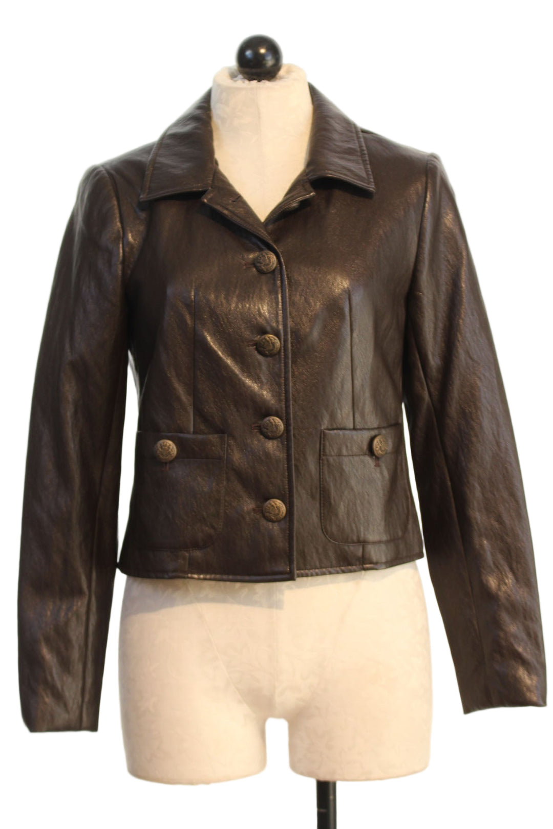 Mahogany colored 4 Button Odette Vegan Leather Jacket by Drew