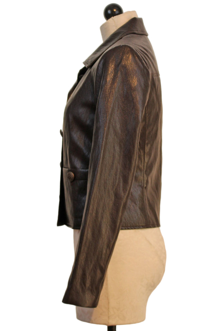 side view of Mahogany colored 4 Button Odette Vegan Leather Jacket by Drew