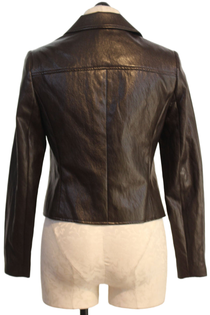 back view of Mahogany colored 4 Button Odette Vegan Leather Jacket by Drew