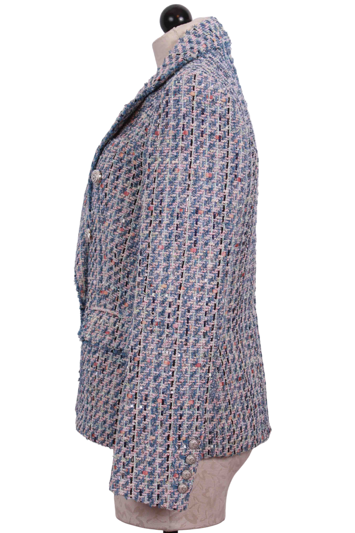 side view of Pink and Light Blue Generation Love Eliza Tweed Blazer