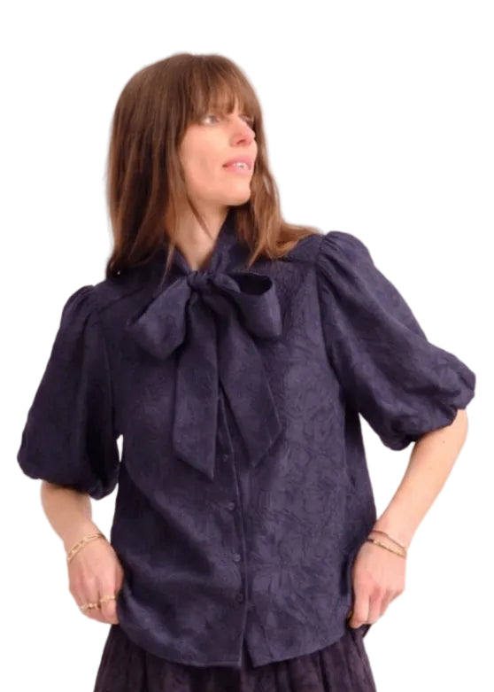 model wearing the Peggy Blouse-Midnight Blue by Cartolina