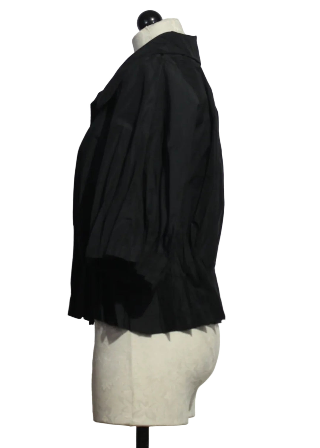 side view of Black Open Front, Pleated Sleeve and Bottom Kori Jacket by Kozan 