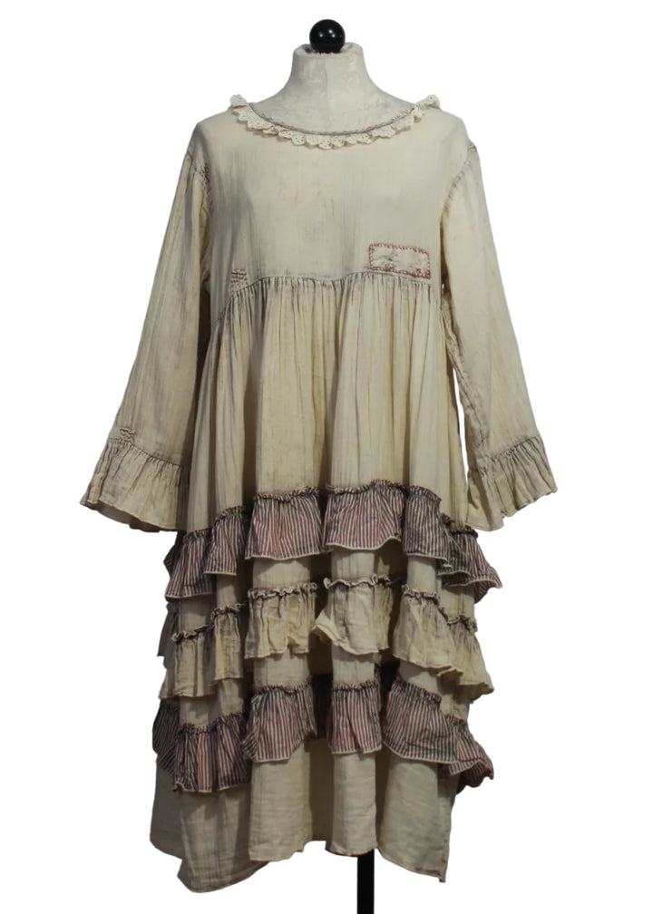 Cream and Natural Long Sleeve Layered Ruffle Skirt Dress by Paper Lace