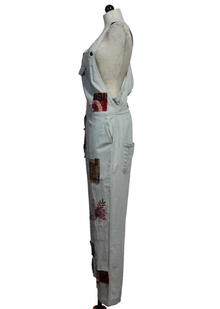 Side view Blue Denim Patchwork Overalls  by Paper Lace