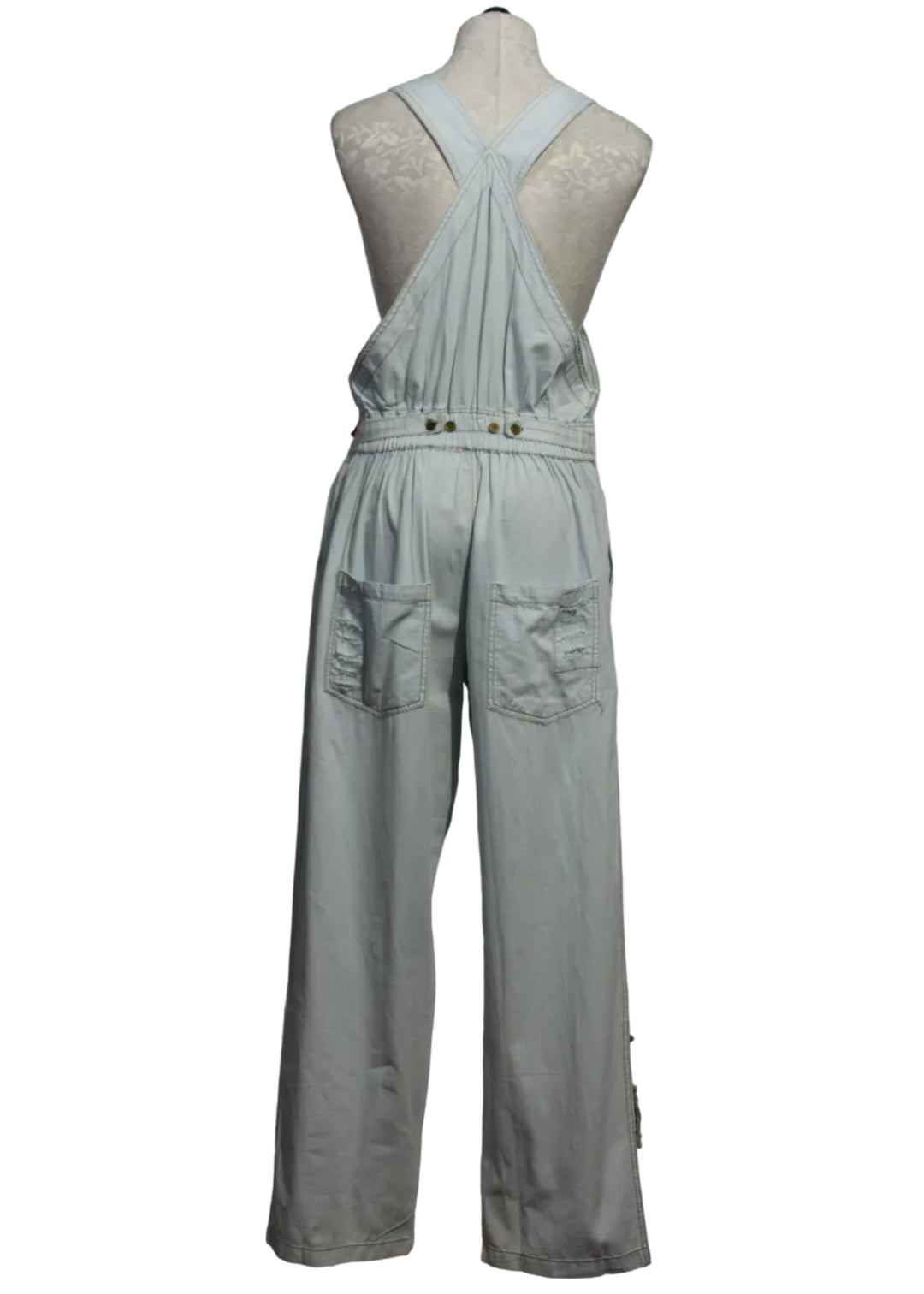 back view of the blue denim patchwork overalls by Paper Lace
