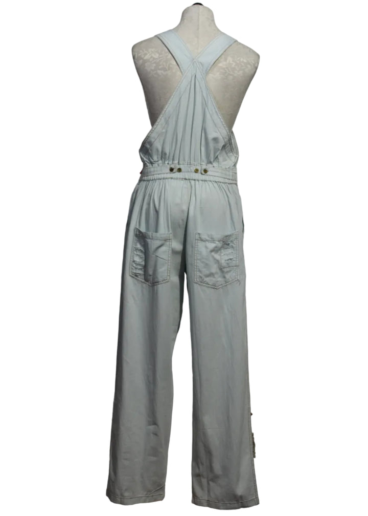 back view of the blue denim patchwork overalls by Paper Lace