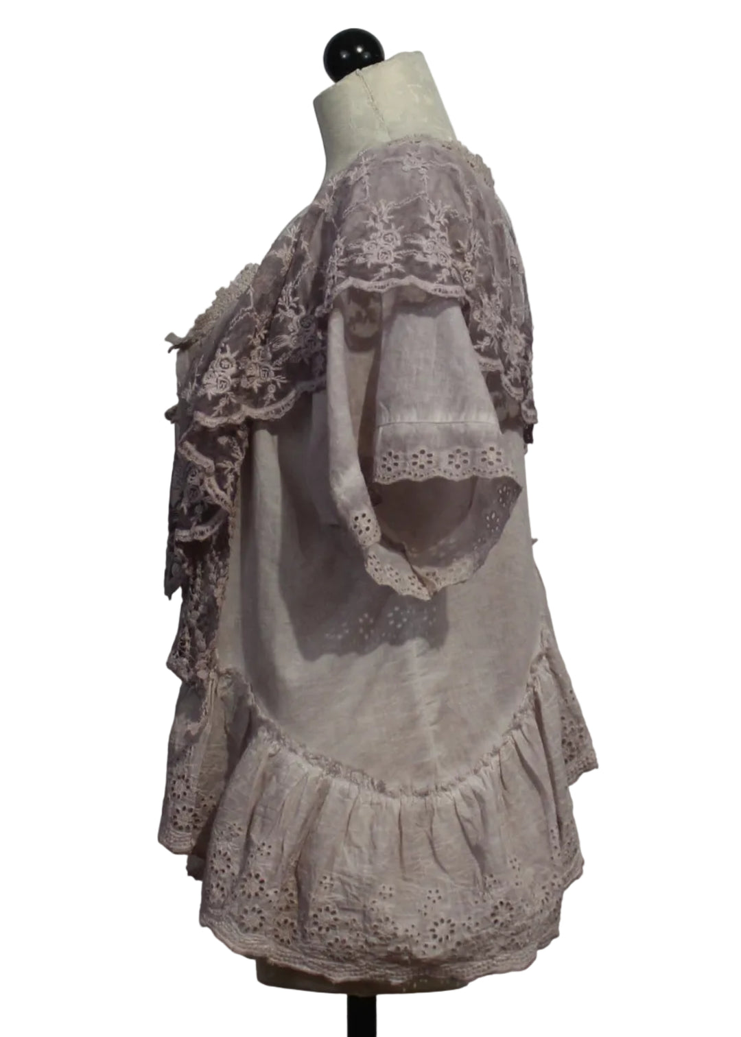 side view of Draped Lace Ruffled Silhouette Jacket by Paper Lace i