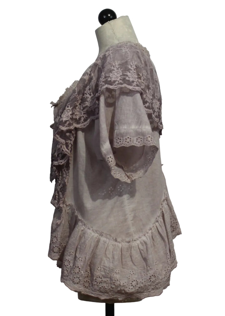 side view of Draped Lace Ruffled Silhouette Jacket by Paper Lace i