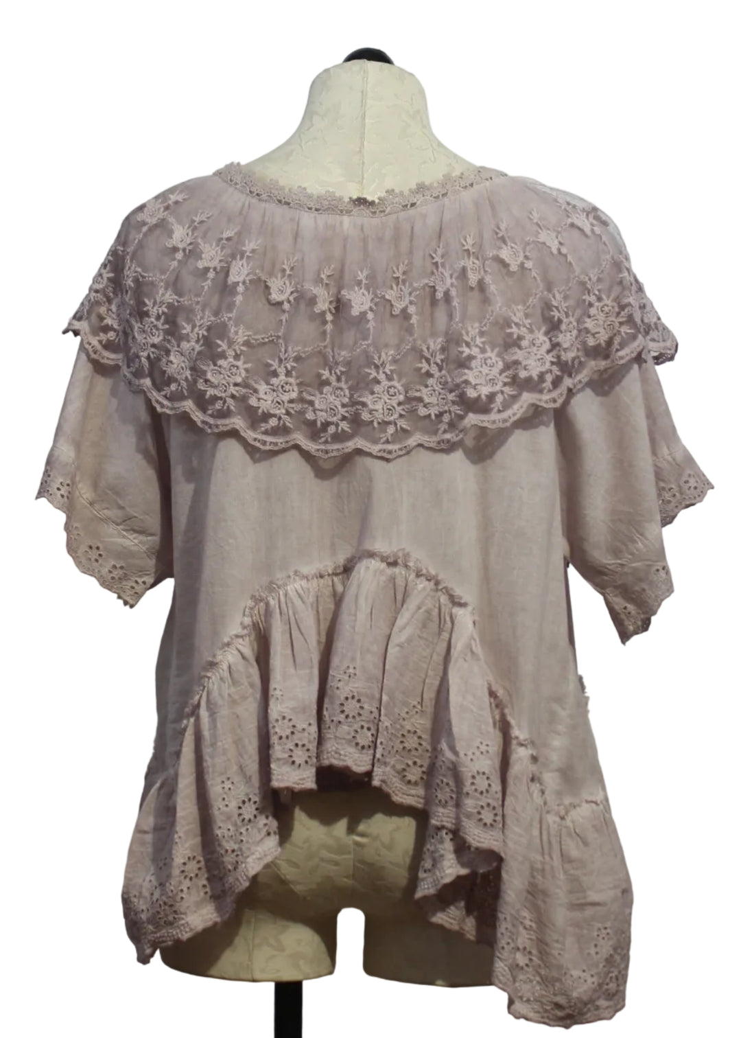 back view of Draped Lace Ruffled Silhouette Jacket by Paper Lace i