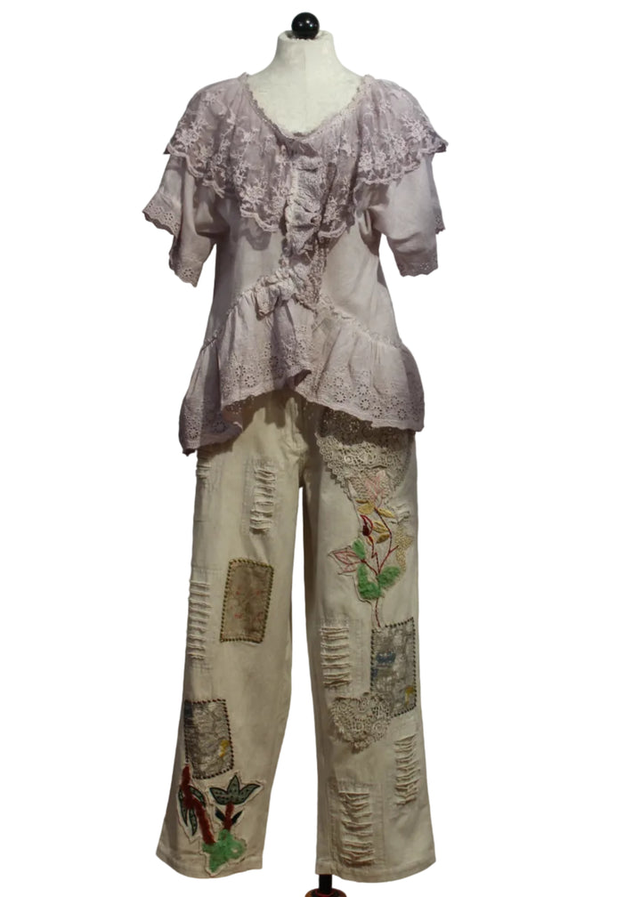 Draped Lace Ruffled Silhouette Jacket by Paper Lace paired with the Cream Lace Heart and Patches Pant by Paper Lace