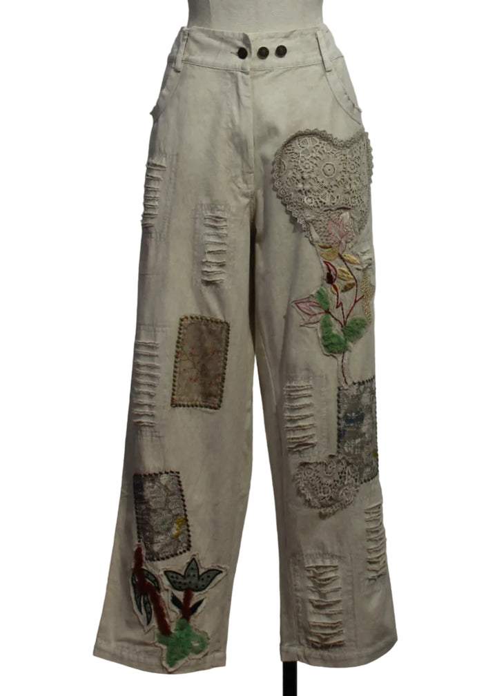 Cream Pant with Heart Lace and Patches by Paper Lace