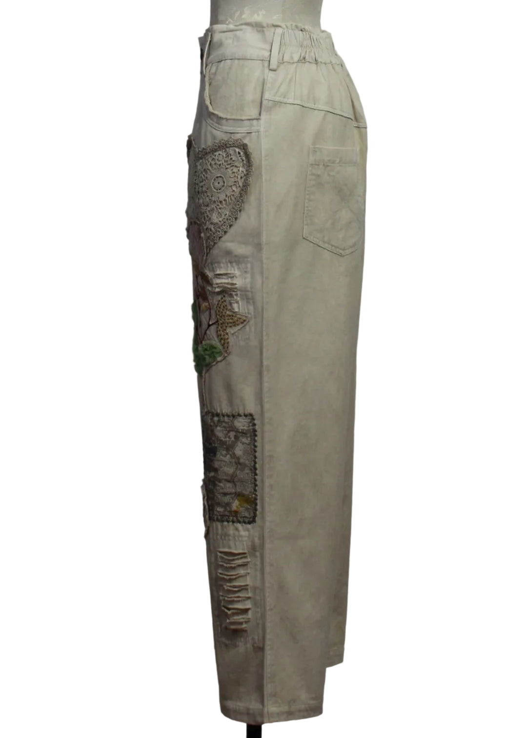 side view of Cream Pant with Lace Heart and Patches by Paper Lace