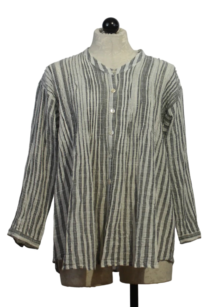 Black and Ivory Long Sleeve Striped Shirt with Tucking in the Front and Back by Paper Lace